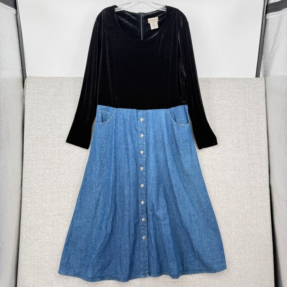 Vtg Coldwater Creek Velvet Denim Mixed Media Dress Women PL M-Length Cottagecore